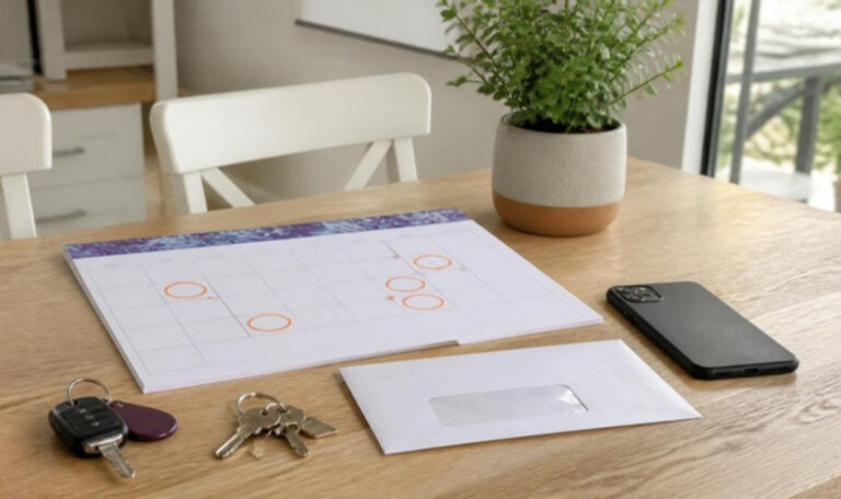 Kitchen table with a wall calendar with circled dates, car and house keys, an envelope bill and a phone