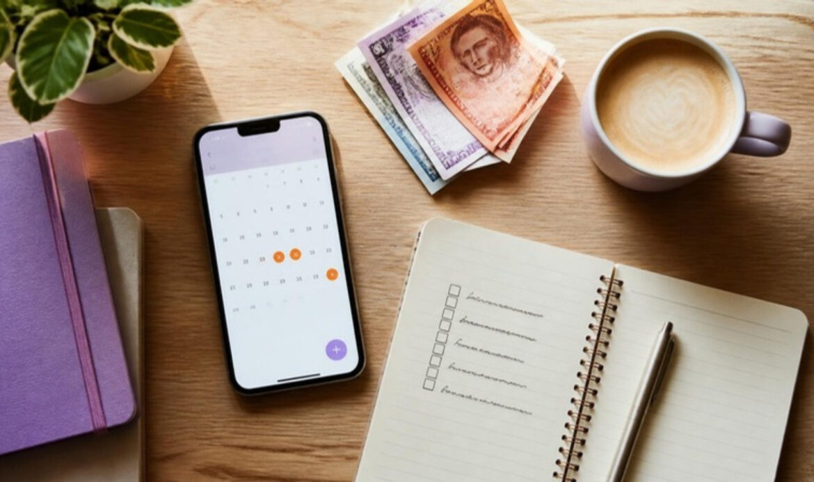 Desk with a phone showing a bill calendar, paper bills, a notebook checklist and a coffee